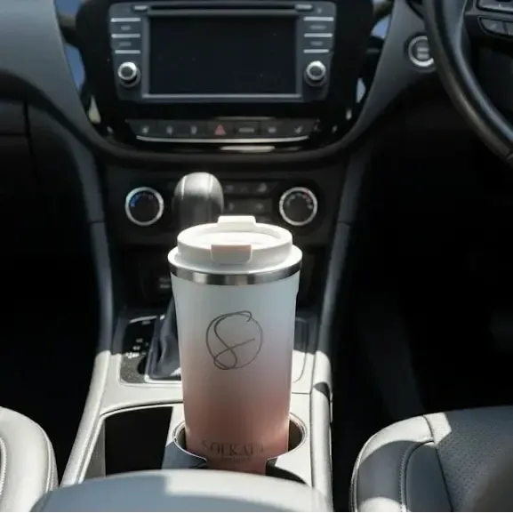Coral pink stainless steel travel cup sitting in a car cupholder — reusable coffee mug perfect for summer adventures in Australia.