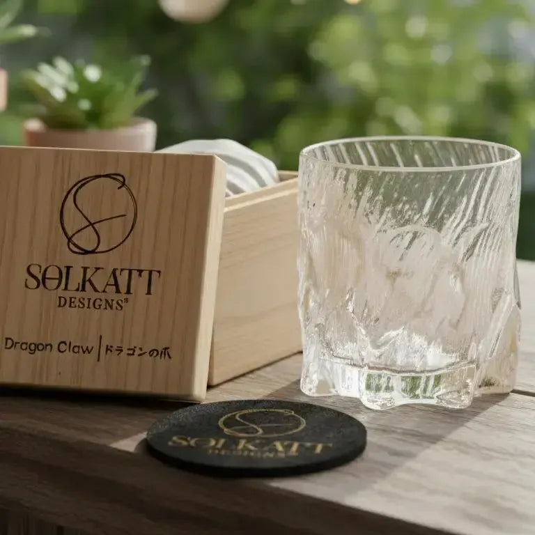Dragon Claw whisky glass paired with a matching coaster and gift box, ideal whisky gift set.