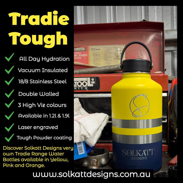 Yellow Tradie insulated steel water bottle Solkatt Designs Australia