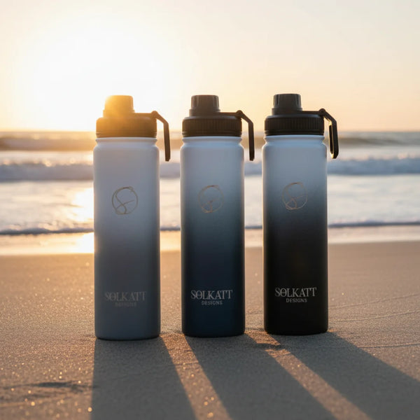 Discover our 650ml drink bottle collection beach shot - Solkatt designs