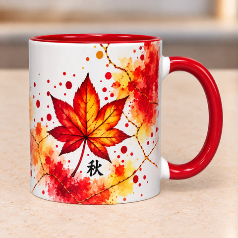 Left side of Autumn Maple Leaves ceramic mug showcasing vibrant autumn foliage watercolour artwork with glossy bright red handle.