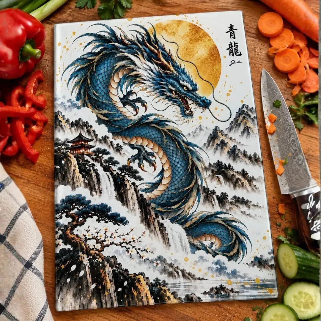 Azure Dragon Tempered Glass Cutting Board – 27.8 × 19.1cm - Solkatt Designs