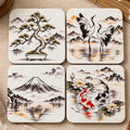 Zen Japanese-inspired coaster set of 4 with original Bonsai, Cranes, Mount Fuji and Koi artwork, designed and made in Australia - Solkatt Designs