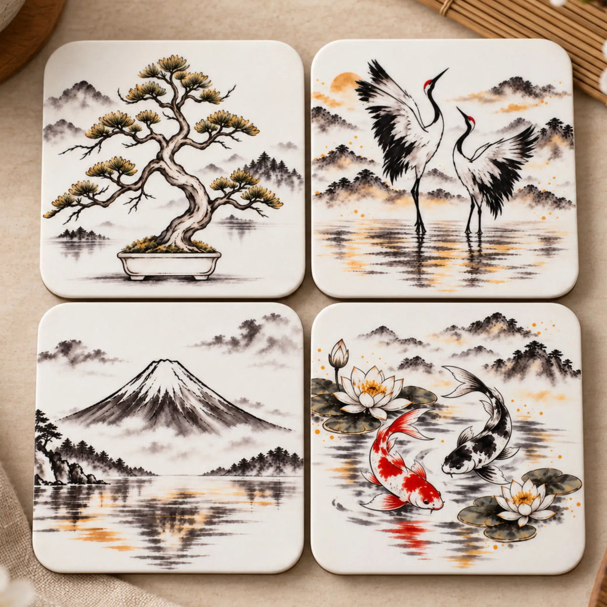 Zen Japanese-inspired coaster set of 4 with original Bonsai, Cranes, Mount Fuji and Koi artwork, designed and made in Australia - Solkatt Designs