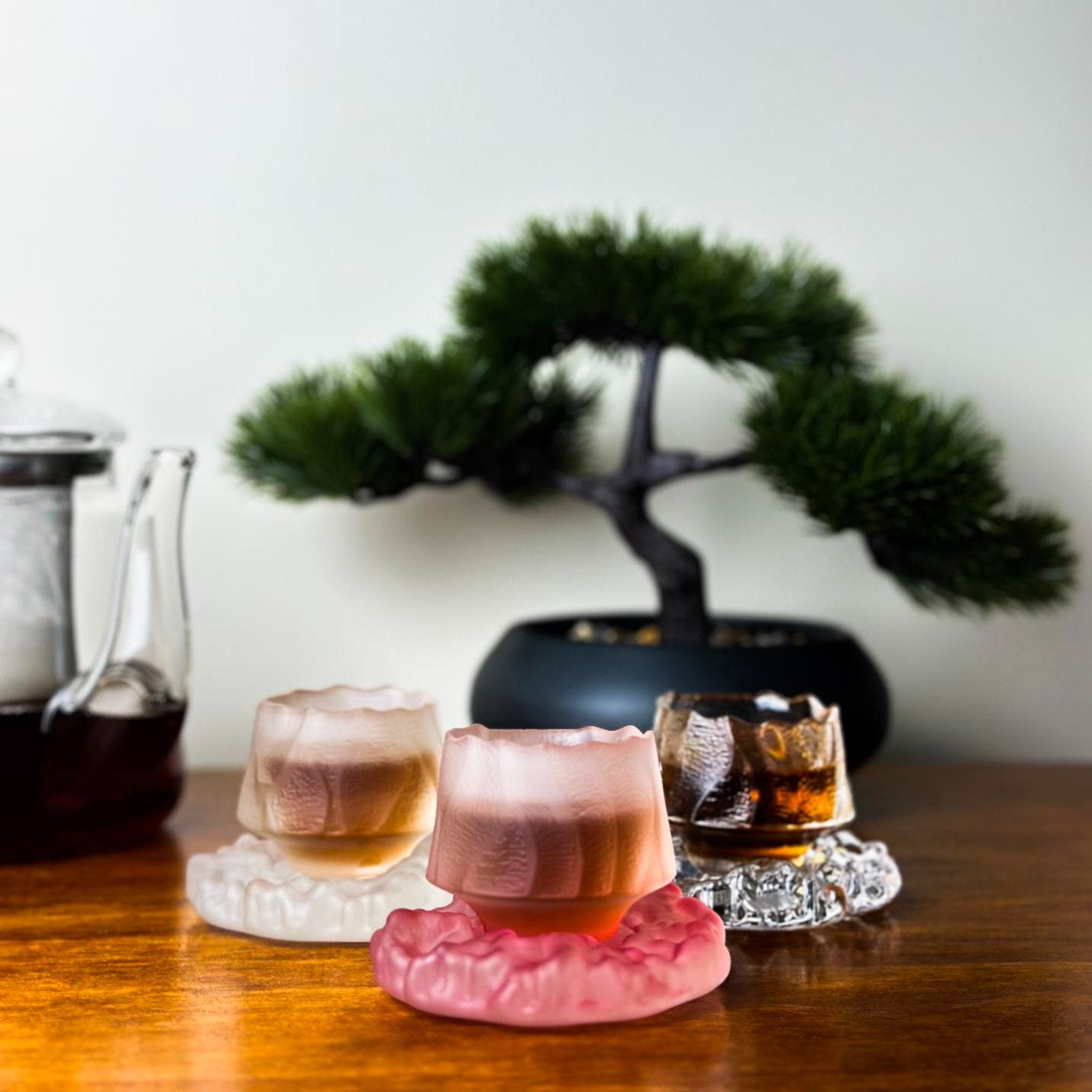 Japanese Handmade Pink Frosted and Clear Hammer Design Glass Teacup Matching Saucer