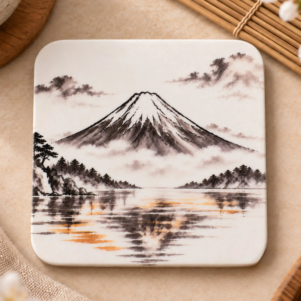 Mount Fuji Japanese-inspired coaster with original Zen artwork, glossy MDF surface and cork backing - Solkatt Designs
