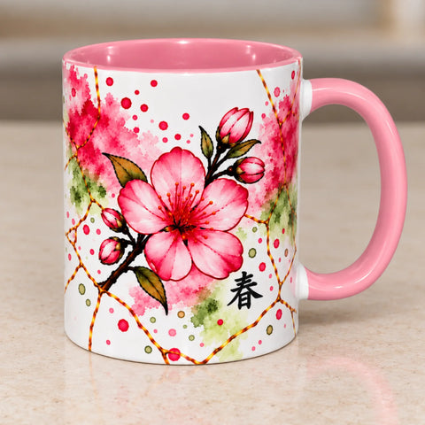 Left side of Spring Cherry Blossom ceramic mug showing delicate pink blossom artwork, glossy white ceramic finish and pastel pink handle.
