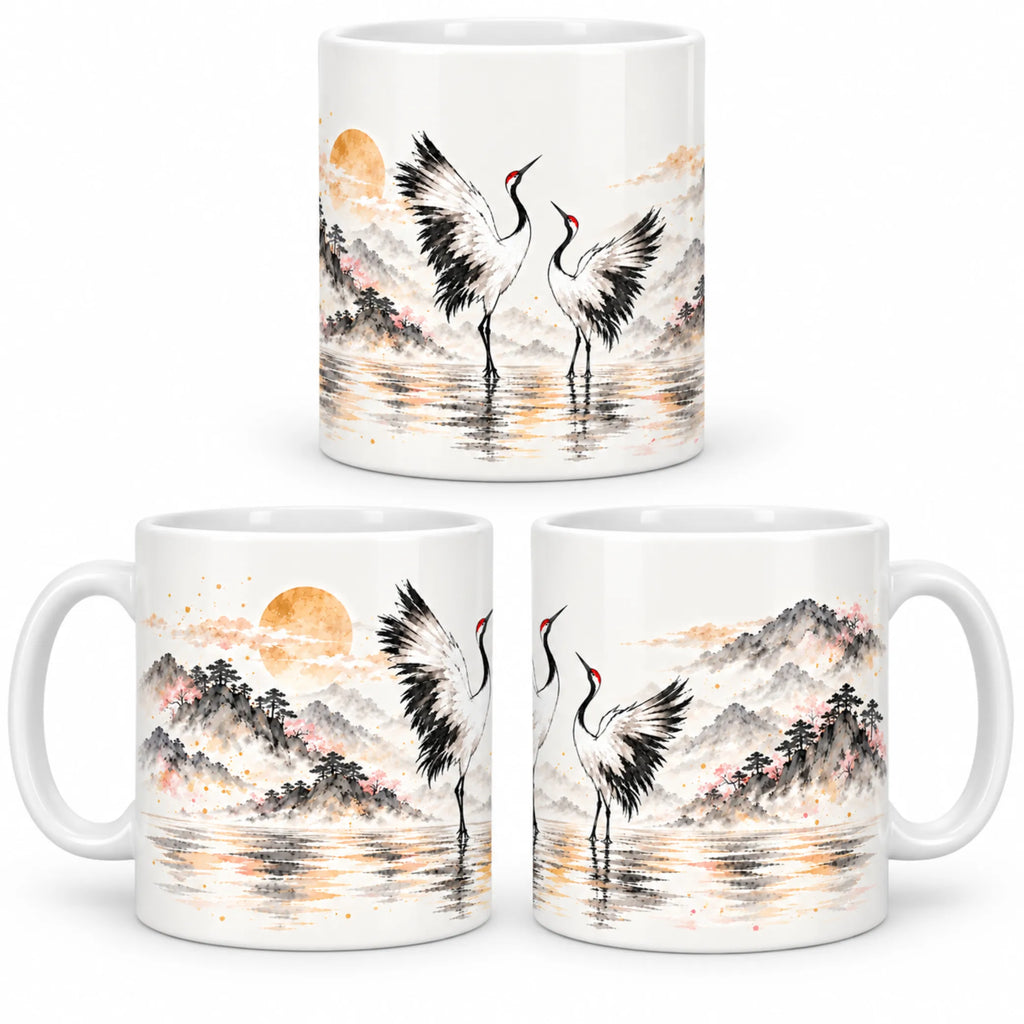 Two Cranes 11oz Japanese-inspired ceramic mug shown from front, left and right sides, gift for Japanese art lovers