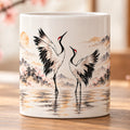 Two Cranes 11oz ceramic mug with Japanese-inspired crane artwork, front view, Stillness Collection