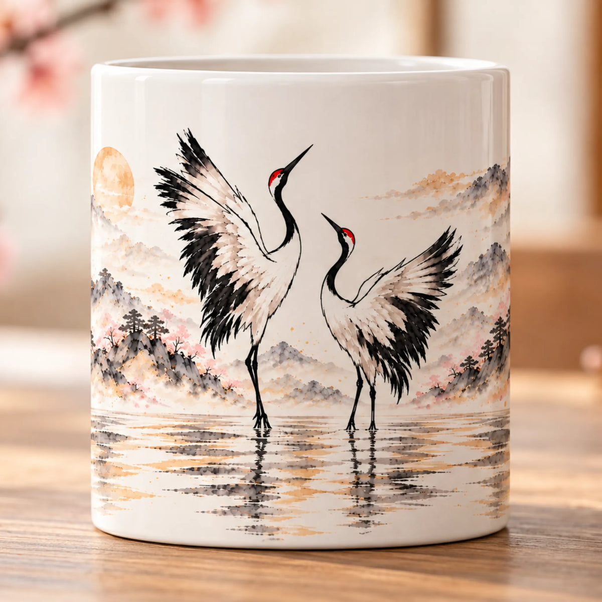 Two Cranes 11oz ceramic mug with Japanese-inspired crane artwork, front view, Stillness Collection