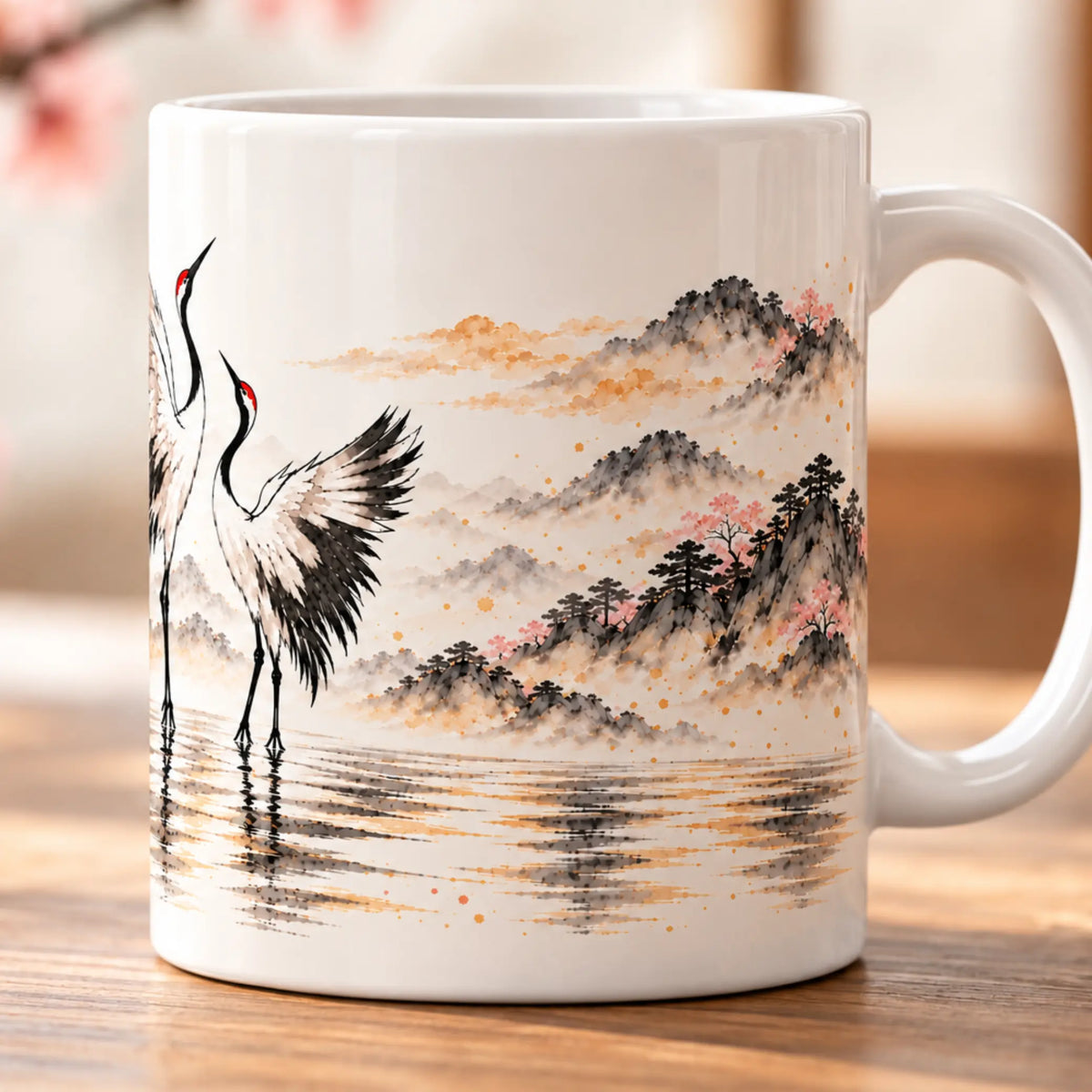 Two Cranes Japanese-inspired 11oz coffee mug, left side product view