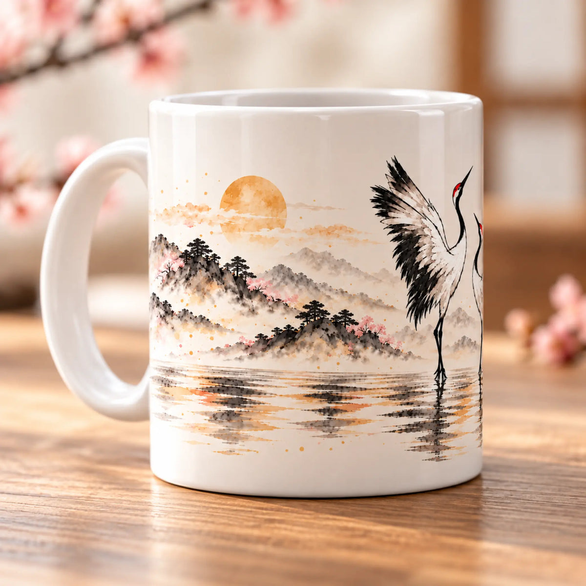 Two Cranes ceramic coffee mug with Japanese-inspired artwork, right side view