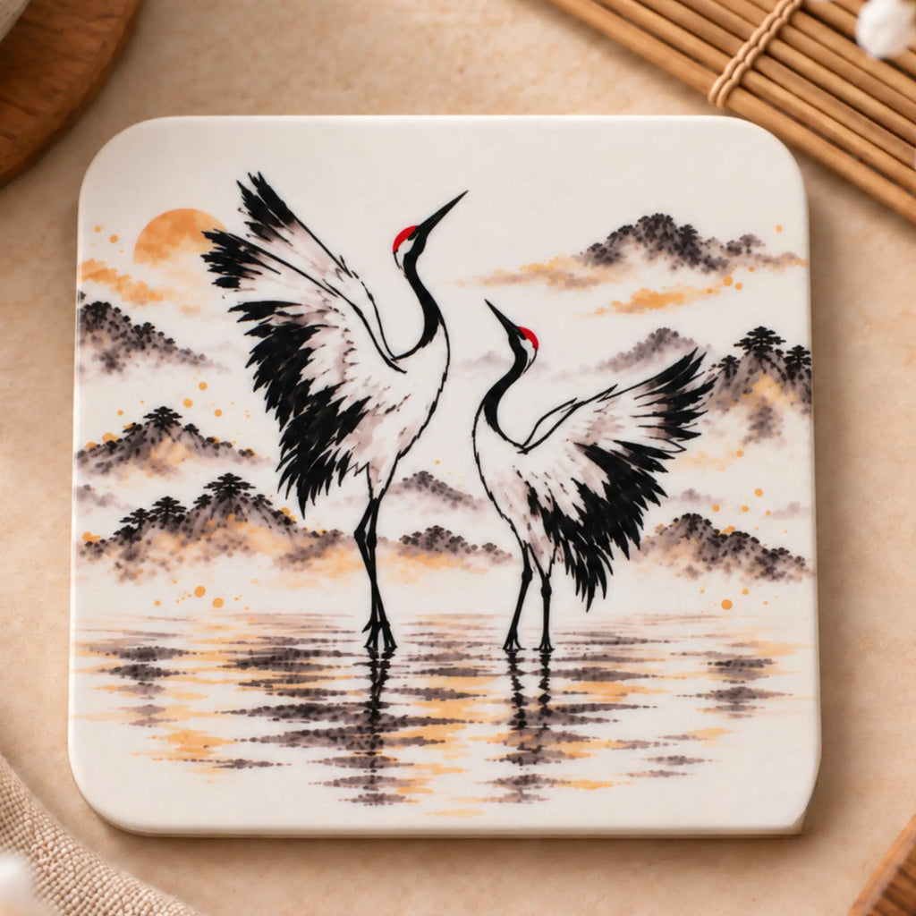 Two Cranes Japanese-inspired drink coaster with original artwork, glossy MDF finish and cork backing - Solkatt Designs