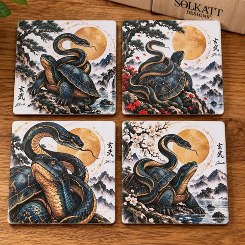 Black Tortoise & Snake Ceramic Coaster Set – Set of 4 - Solkatt Designs