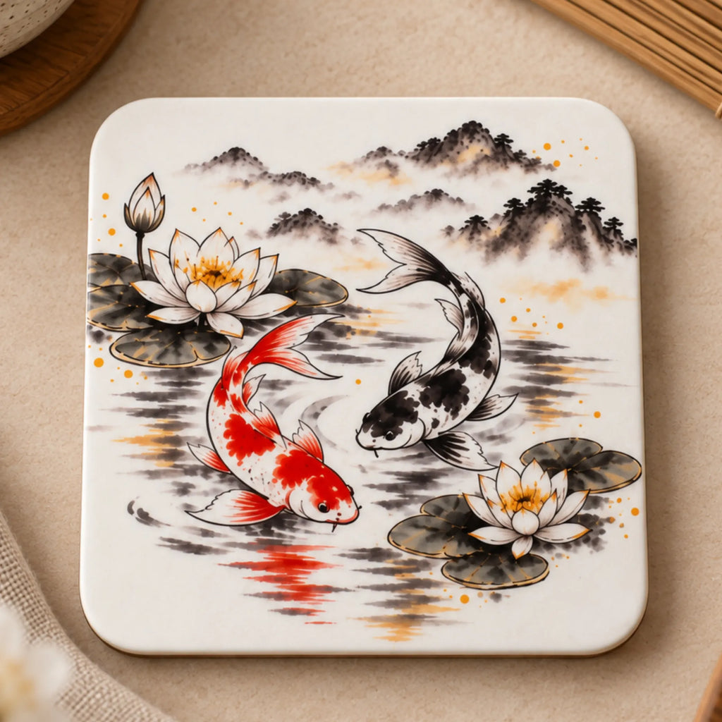 Koi and Lotus Japanese-inspired drink coaster with original artwork and glossy MDF finish - Solkatt Designs
