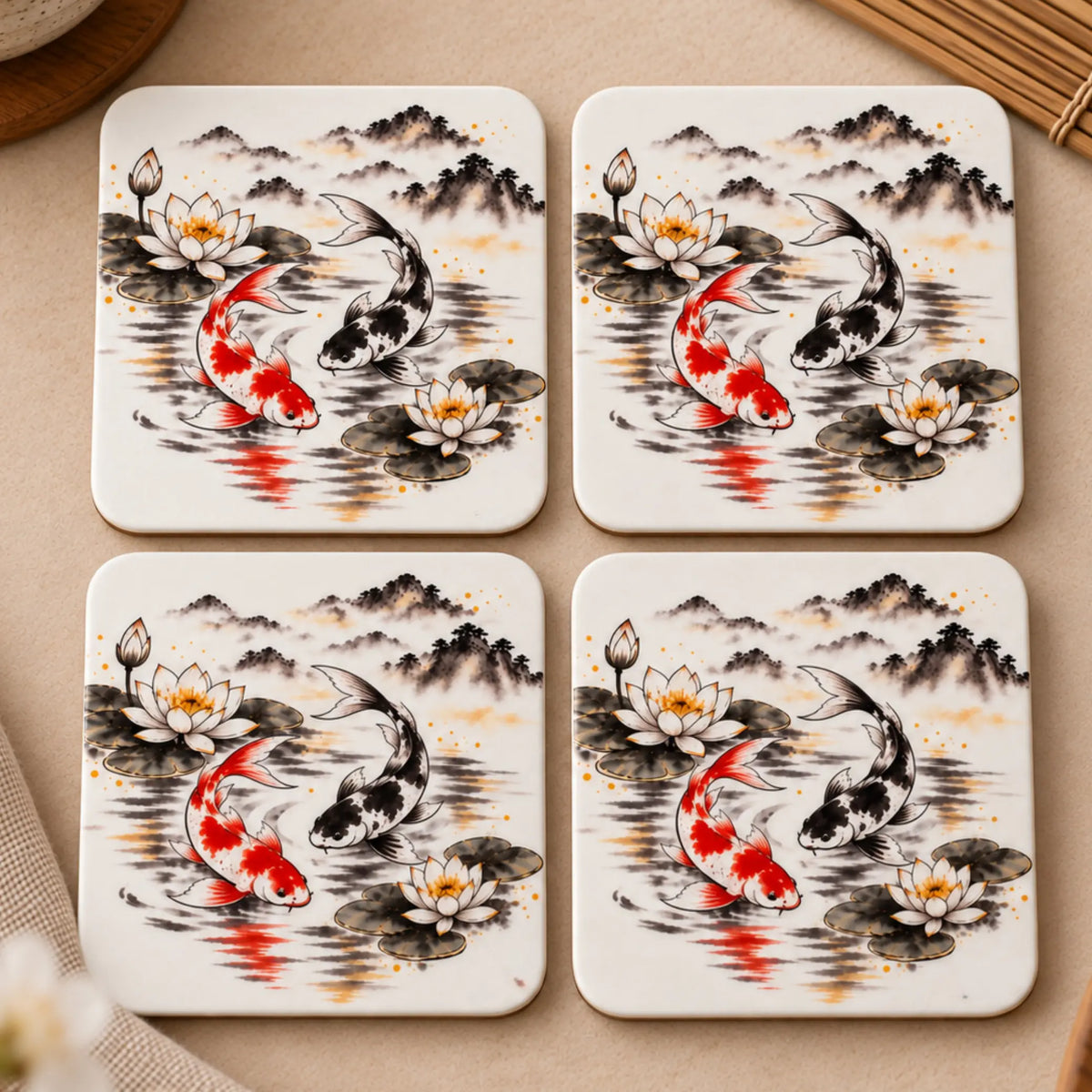 Stillness Collection koi and lotus Japanese-inspired MDF coaster set of 4 with original sumi-e style artwork - Solkatt Designs