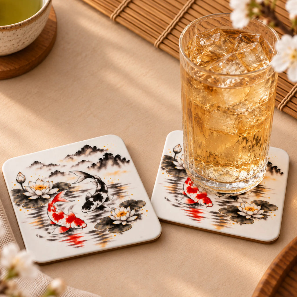 Koi and lotus Japanese-inspired drink coaster from the Stillness Collection with glass tumbler on MDF coaster - Solkatt Designs