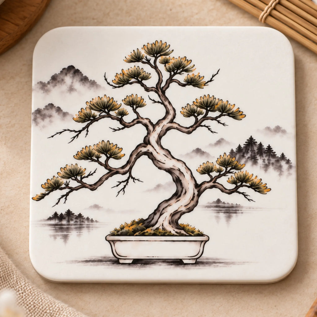 Bonsai Japanese-inspired MDF drink coaster with original sumi-e style artwork and glossy finish - Solkatt Designs