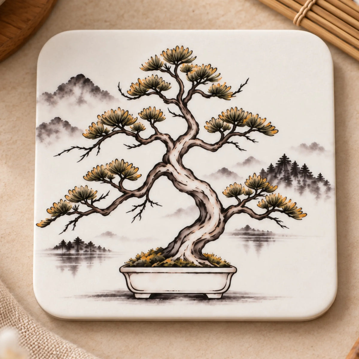 Bonsai Japanese-inspired MDF drink coaster with original sumi-e style artwork and glossy finish - Solkatt Designs