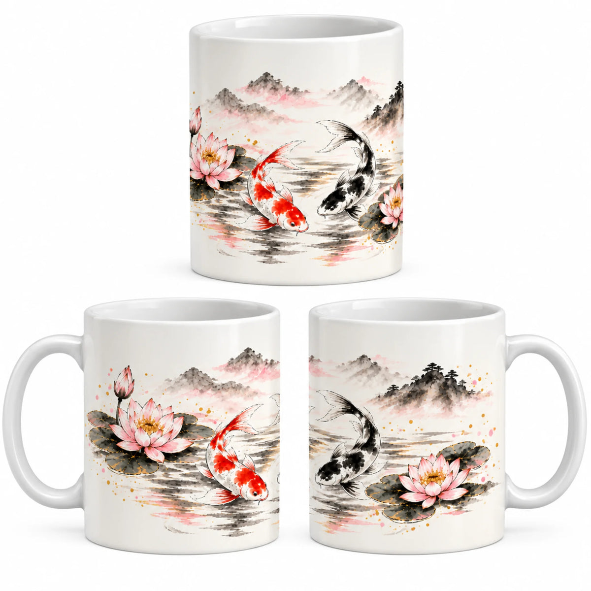 Koi and lotus 11oz Japanese-inspired ceramic mug shown from front, left and right sides, gift for Japanese art lovers