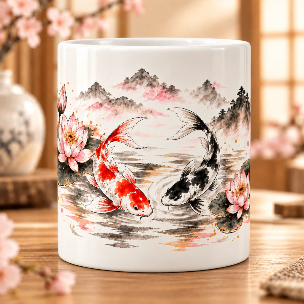 Koi and lotus 11oz ceramic mug with Japanese-inspired artwork, front view, Stillness Collection by Solkatt Designs