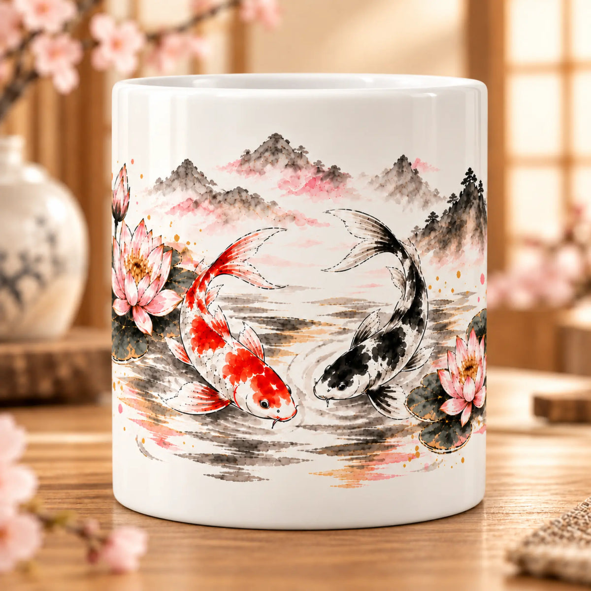 Koi and lotus 11oz ceramic mug with Japanese-inspired artwork, front view, Stillness Collection by Solkatt Designs