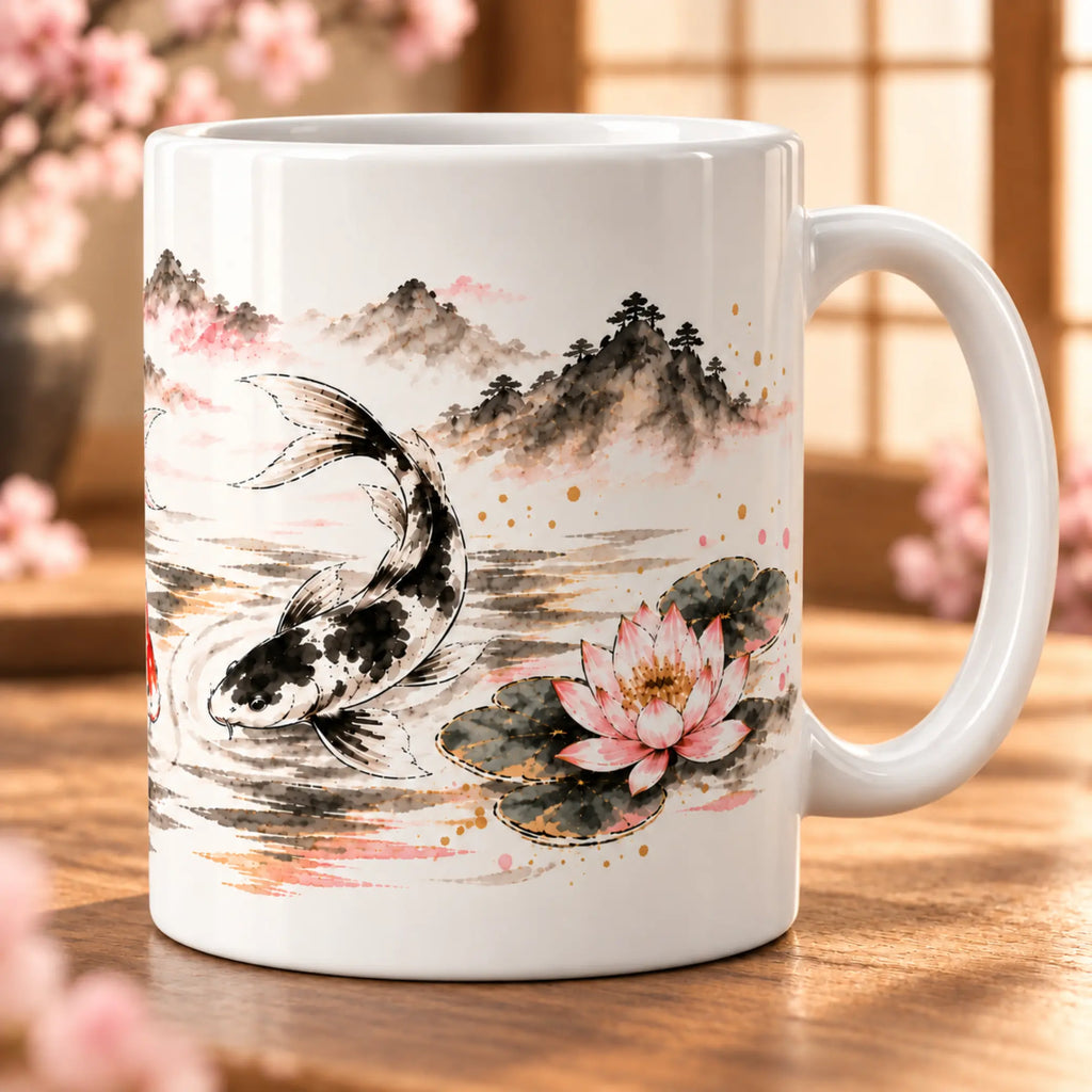 Koi and lotus Japanese-inspired 11oz coffee mug, left side product view