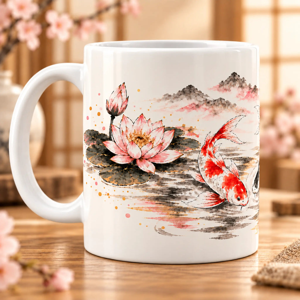Koi and lotus ceramic coffee mug with Japanese-inspired design, right side view