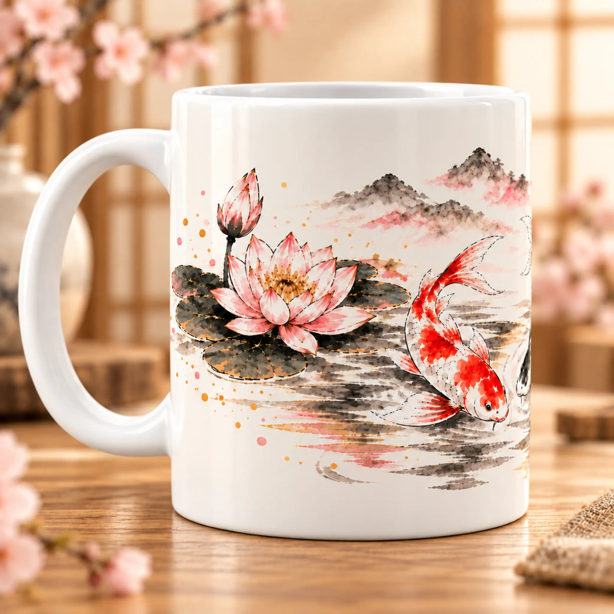 Koi and lotus ceramic coffee mug with Japanese-inspired design, right side view