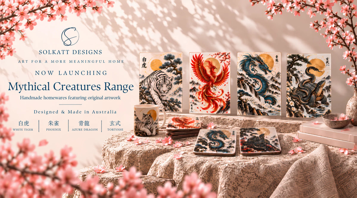Solkatt Designs Mythical Creatures Collection launch featuring handmade Australian homewares inspired by the White Tiger, Phoenix, Azure Dragon and Tortoise and Snake. Desktop banner