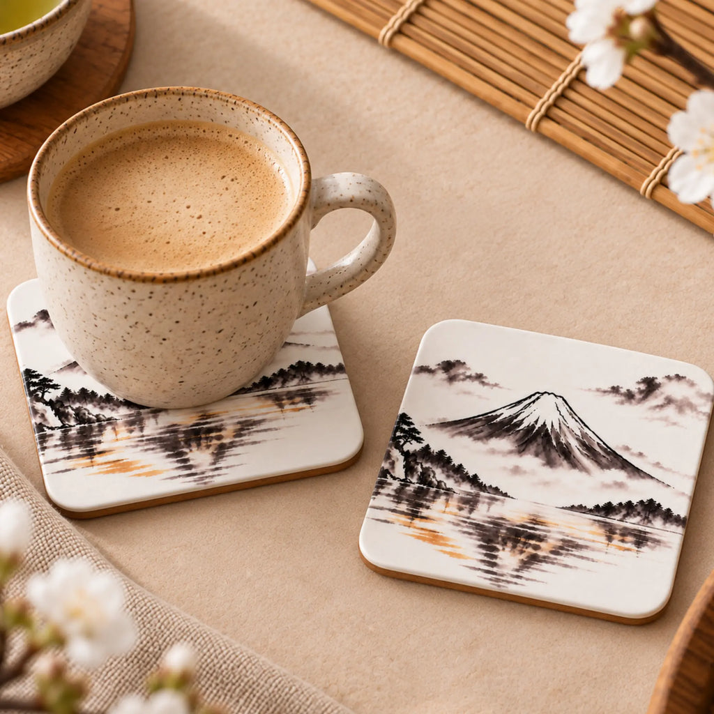 Mount Fuji Japanese-inspired drink coaster from the Stillness Collection with coffee cup on MDF coaster - Solkatt Designs