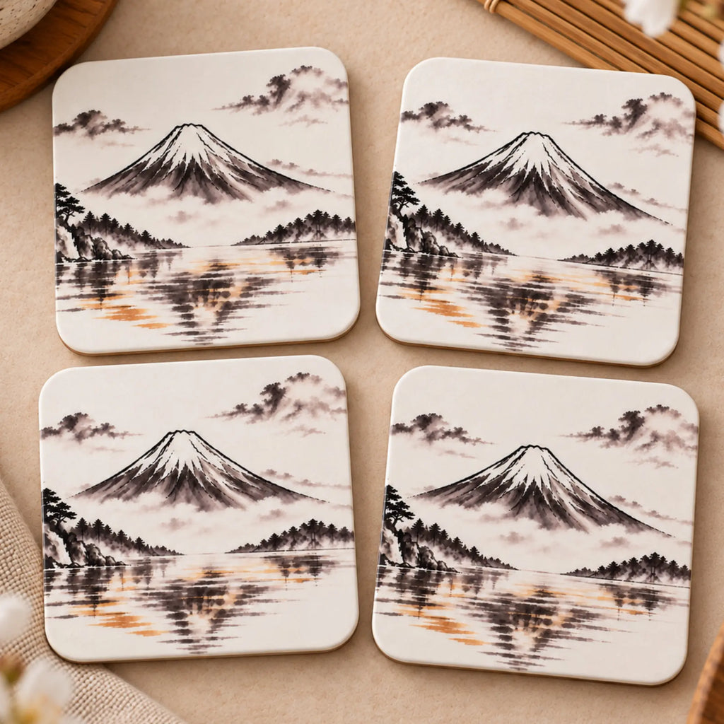 Stillness Collection Mount Fuji Japanese-inspired MDF coaster set of 4 with original sumi-e style artwork - Solkatt Designs