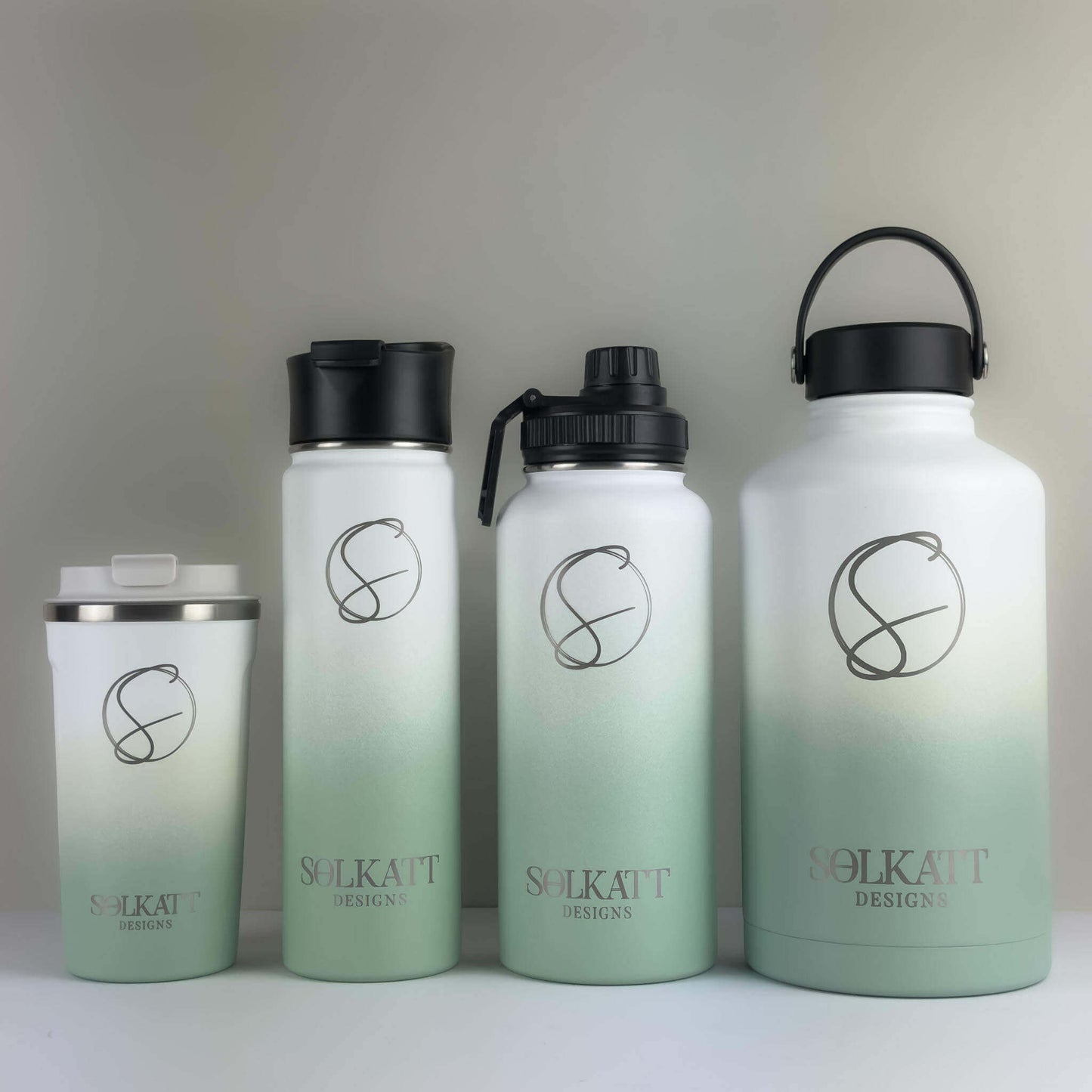 Solkatt designs Pastel range stainless steel water bottles Pink Green and Sandy tan travel cups