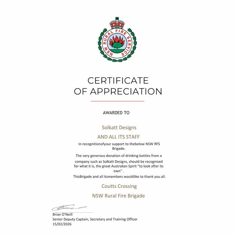 Certificate of Appreciation from NSW Rural Fire Brigade to Solkatt Designs with a logo on a white background
