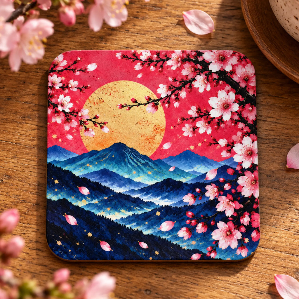 Sakura Sunset Japanese cherry blossom drink coaster featuring pink sakura flowers, golden sun and blue mountains