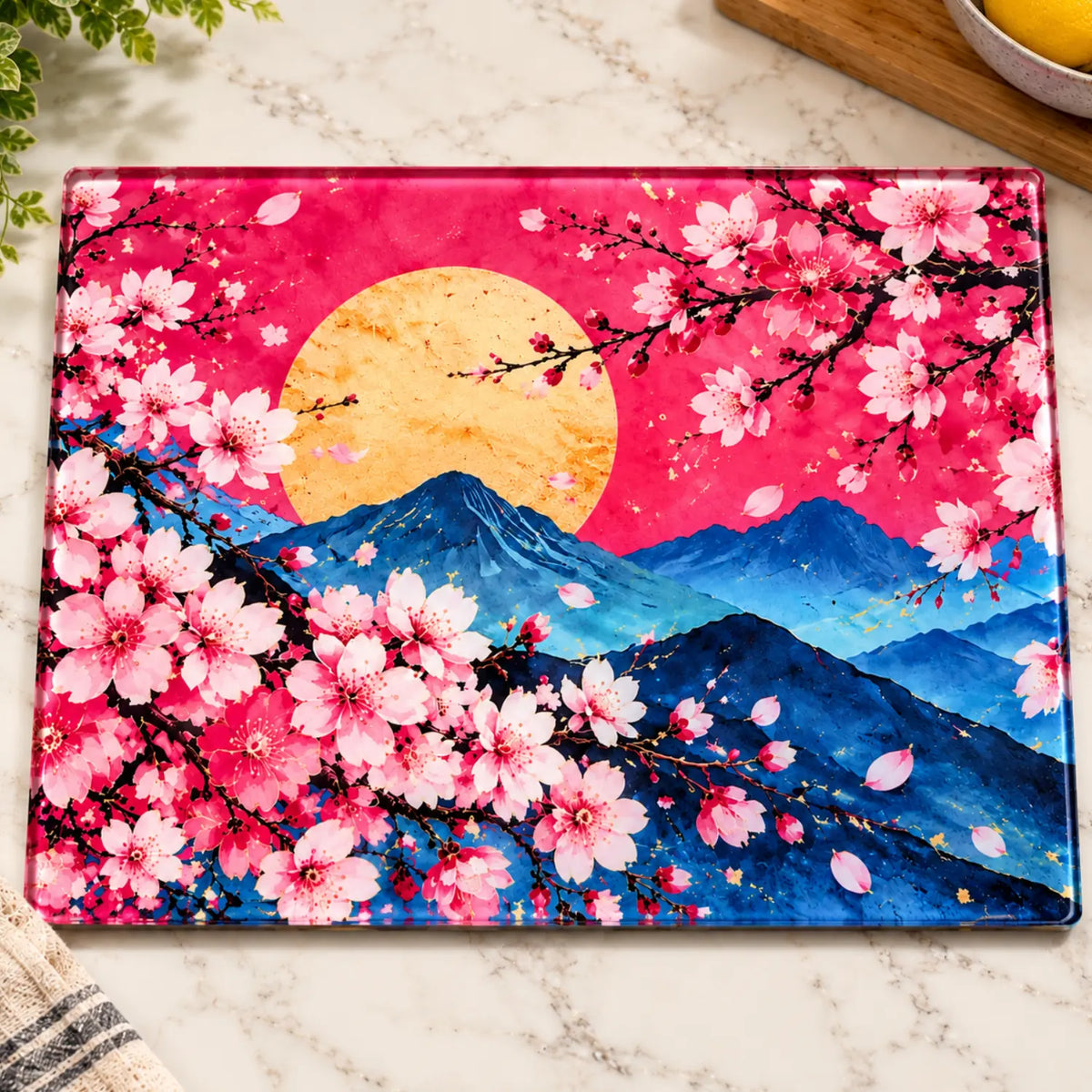Sakura sunset tempered glass cutting board displayed in a modern Australian kitchen