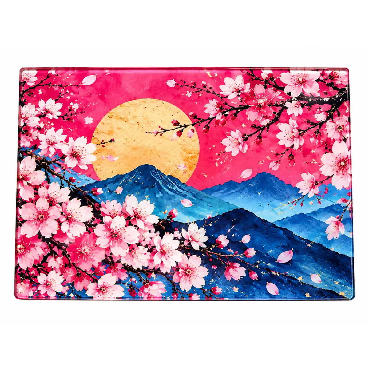 Sakura Sunset Japanese cherry blossom glass cutting board featuring red sun and traditional wave artwork