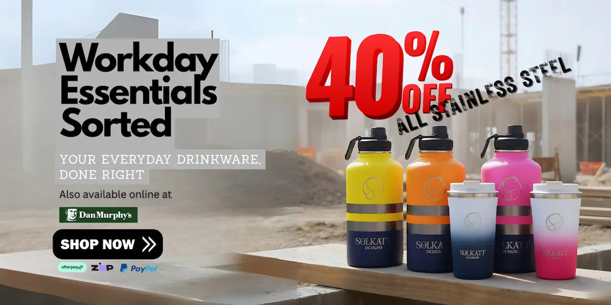 Tradie drink bottles and reusable coffee cups Solkatt design