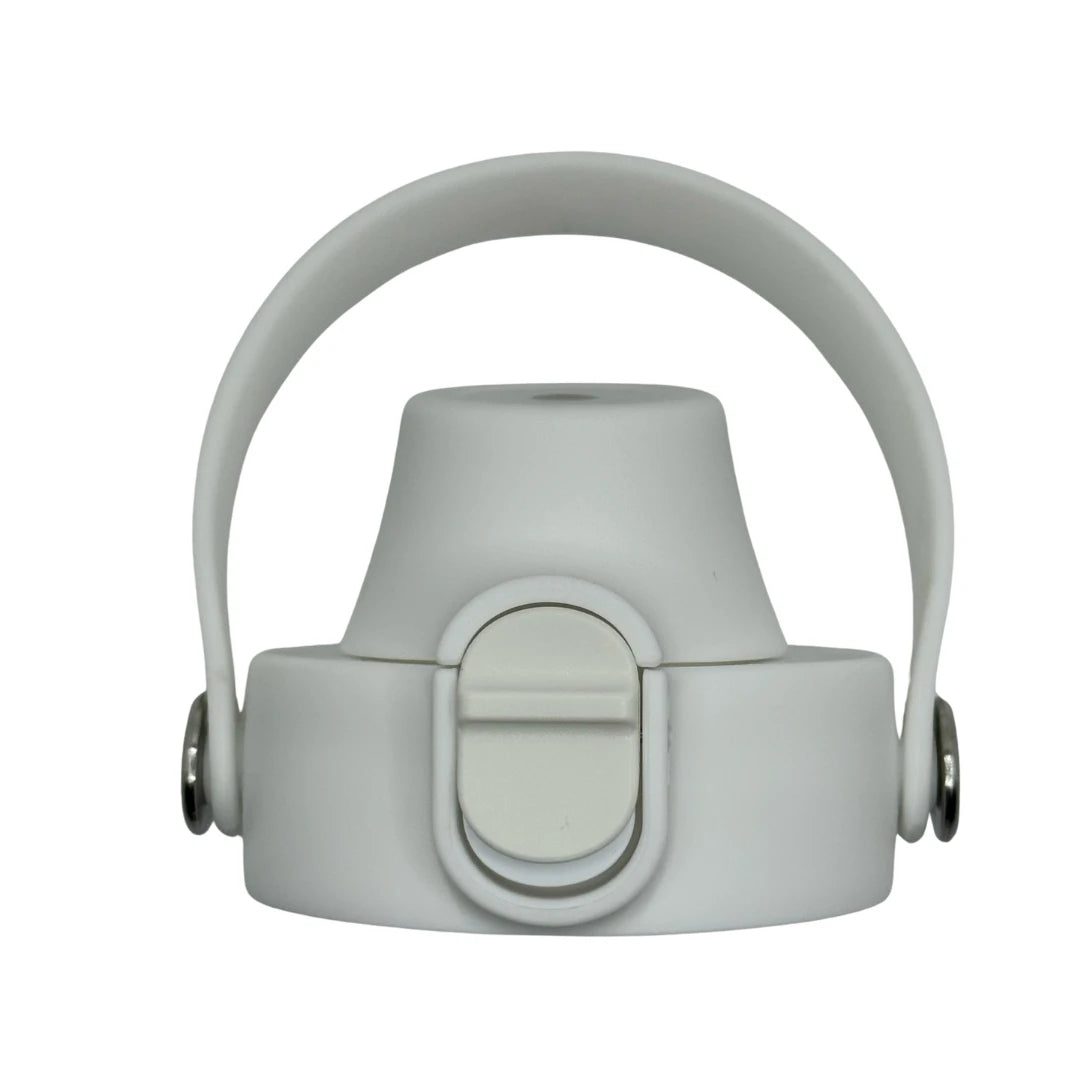 Front view of a white leak-proof solkatt designs drink bottle lid with a secure locking mechanism