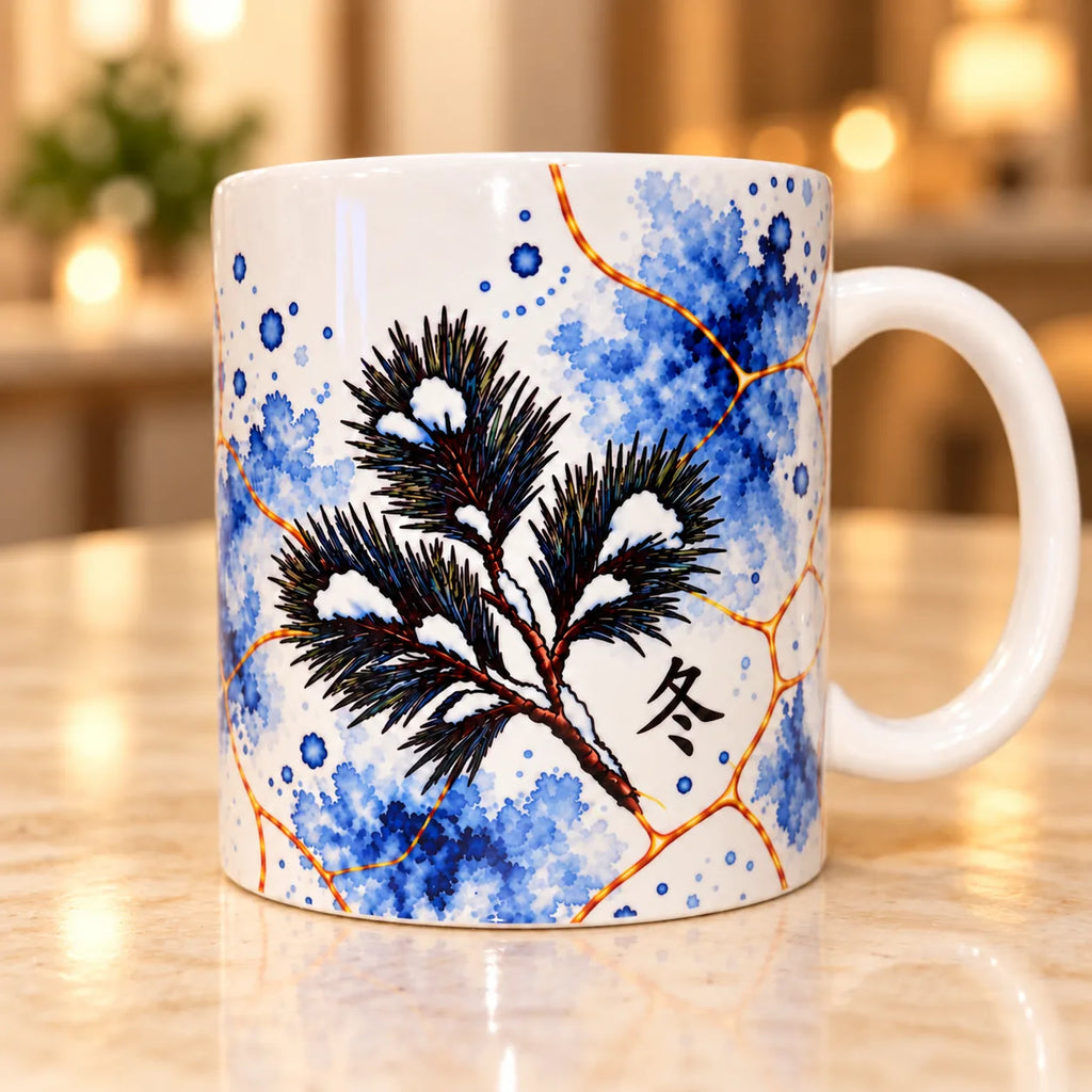 Winter Pine 325ml ceramic mug with vibrant blue seasonal artwork, made in Australia