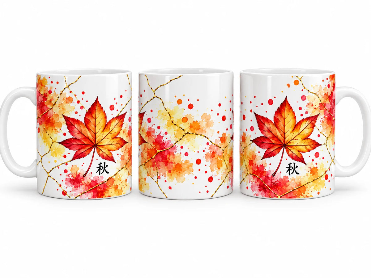 Autumn 325ml ceramic mug shown from left, front and right sides with original Japanese inspired artwork.