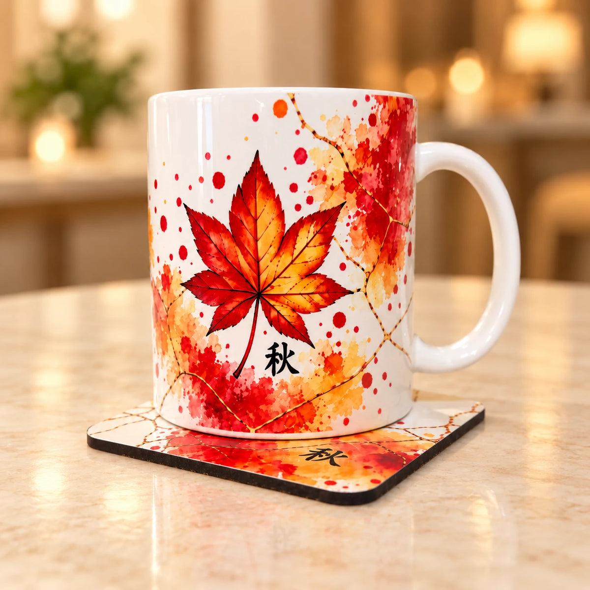 Autumn ceramic mug sitting on matching drink coaster from the Seasons Collection