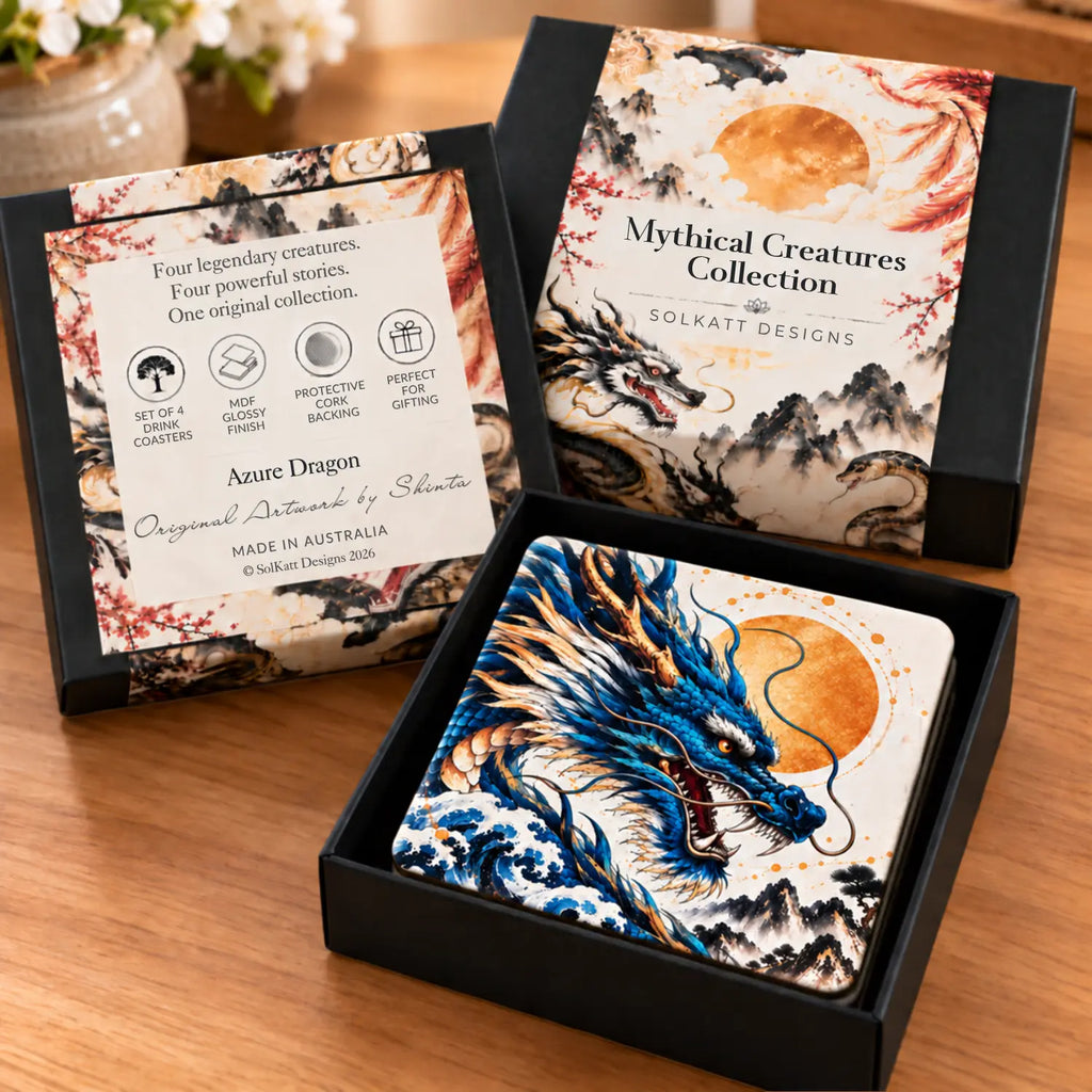 japanese dragon drink coasters in a black slide out gift box
