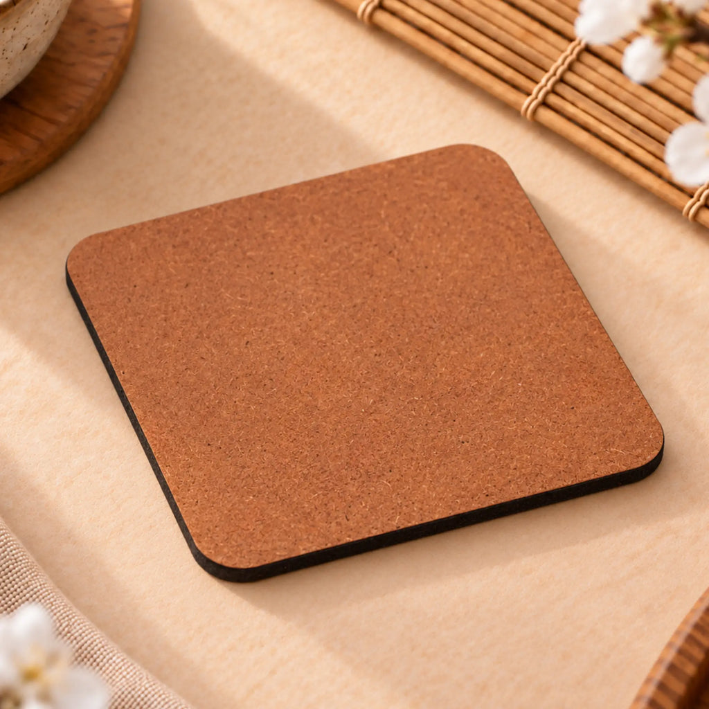 Back view of Stillness Collection MDF coaster showing cork backing