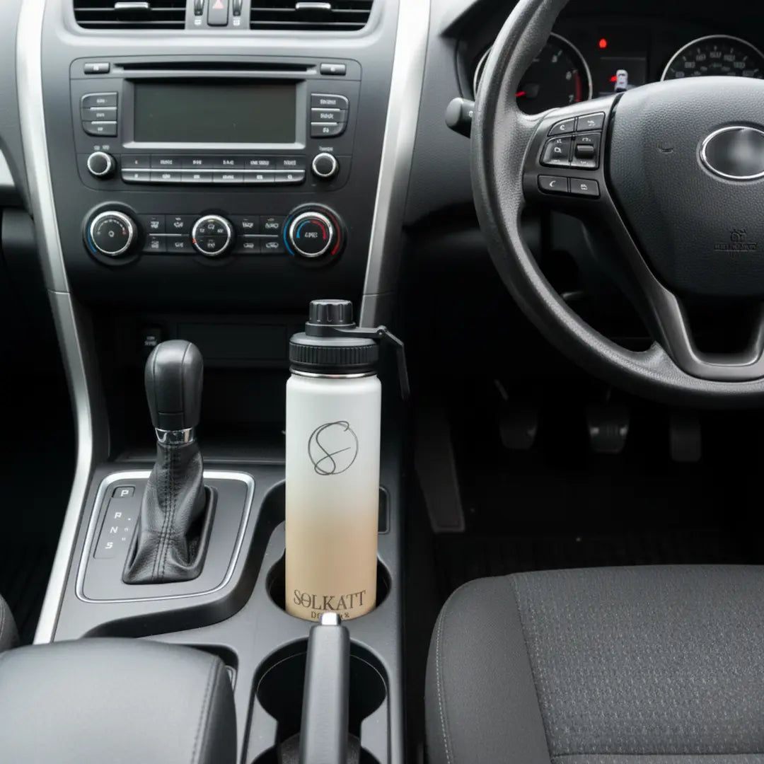 pastel beige 650ml drink bottle sitting in a car cupholder - Solkatt Designs