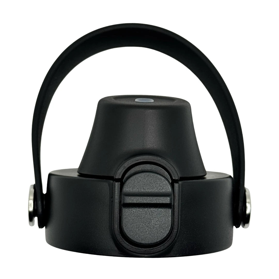 Front view of a matte black insulated Solkatt designs bottle lid featuring a durable flip-top design