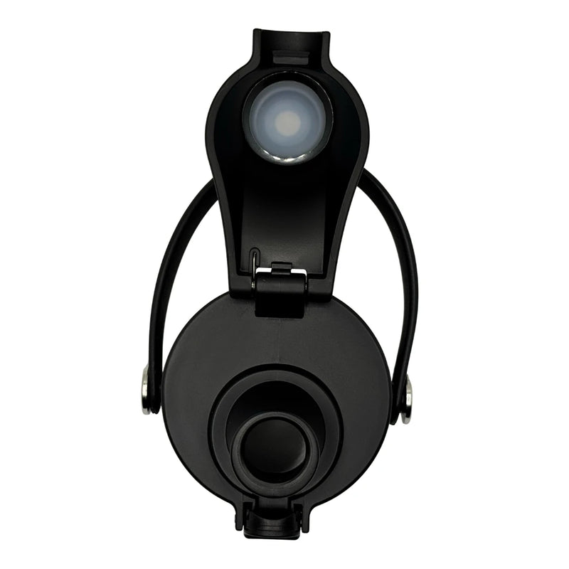 Birds-eye view of a black solkatt designs small-gulp lid in the open position for controlled hydration.