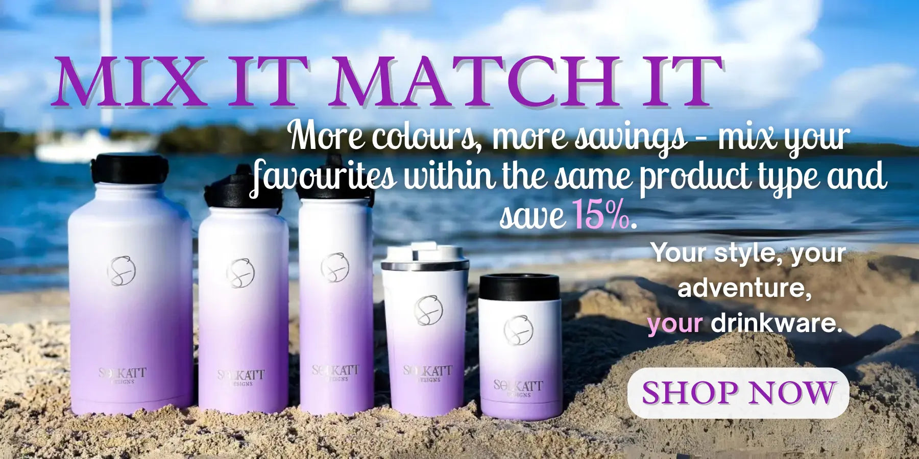 Lilac stainless steel water bottle, insulated travel cup, and stubby cooler on the beach – mix and match drinkware bundles in Australia.