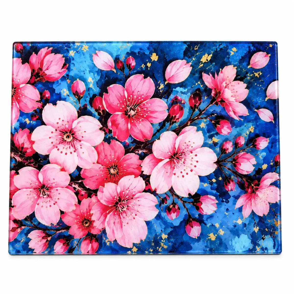 Sakura Afterglow decorative glass cutting board with Japanese-inspired cherry blossom artwork by Solkatt Designs