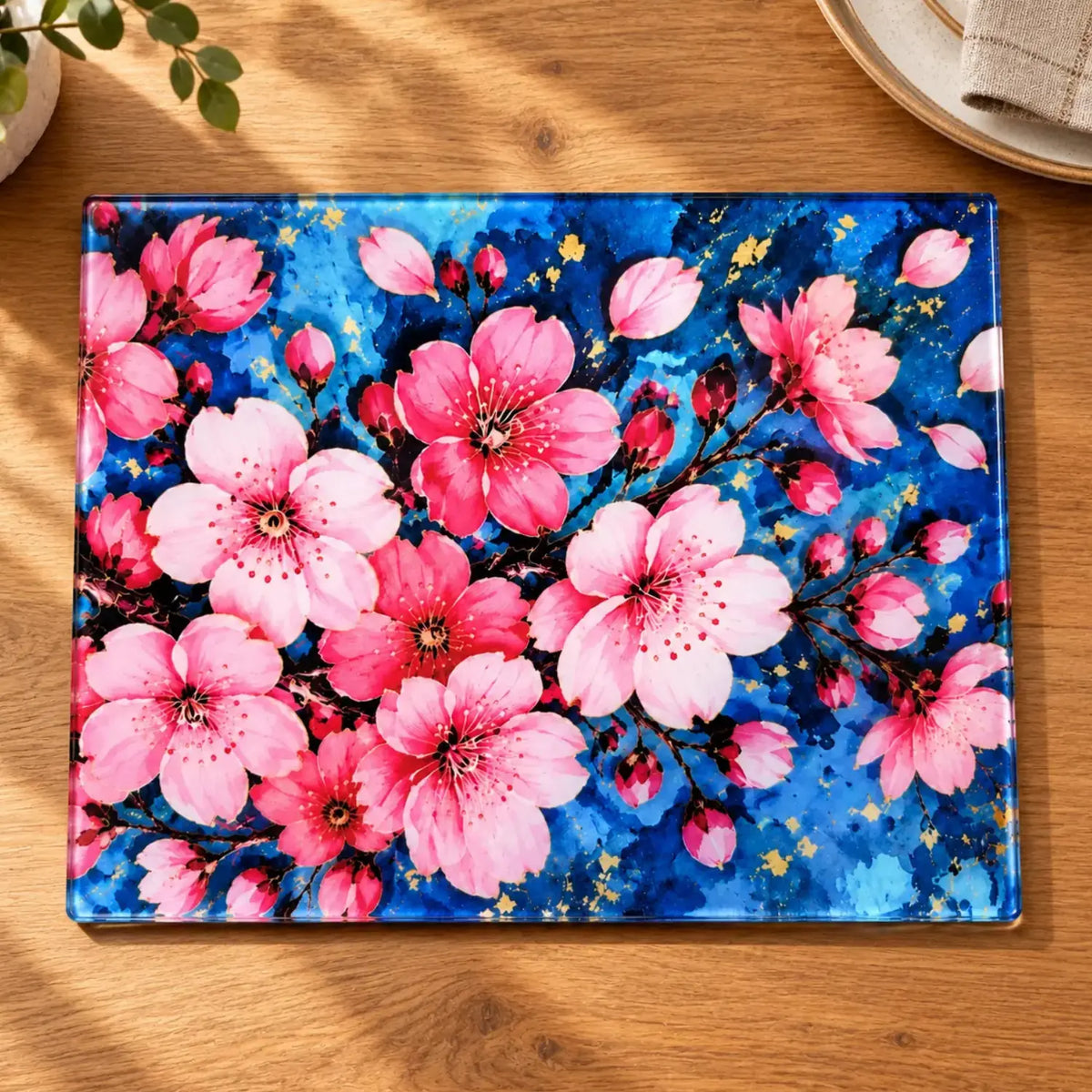 Sakura Afterglow Japanese cherry blossom glass chopping board styled for contemporary dining